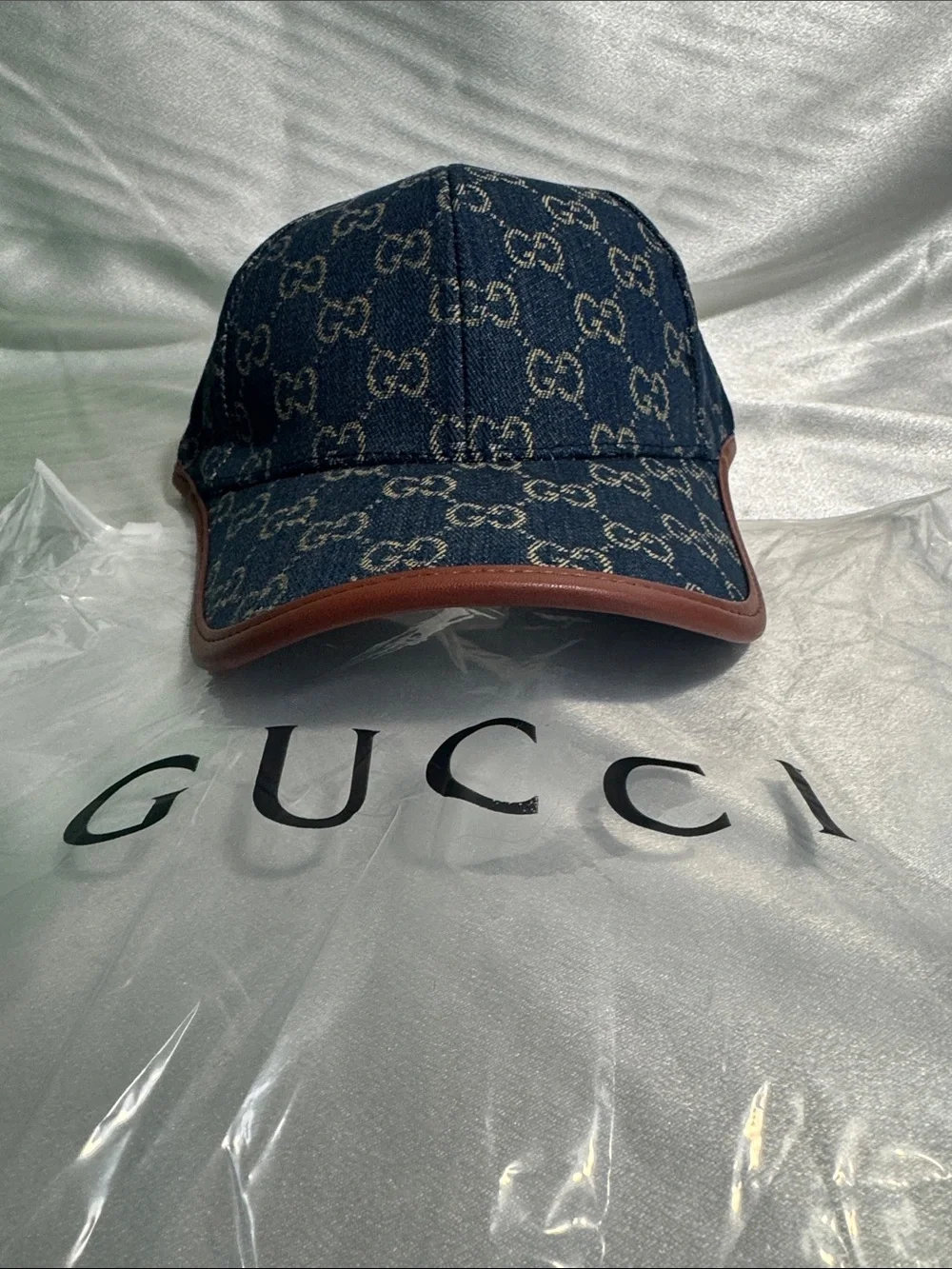 New!🔥Gucci Denim GG Monogram Cap in Dark Blue with Brown Trim!🔥